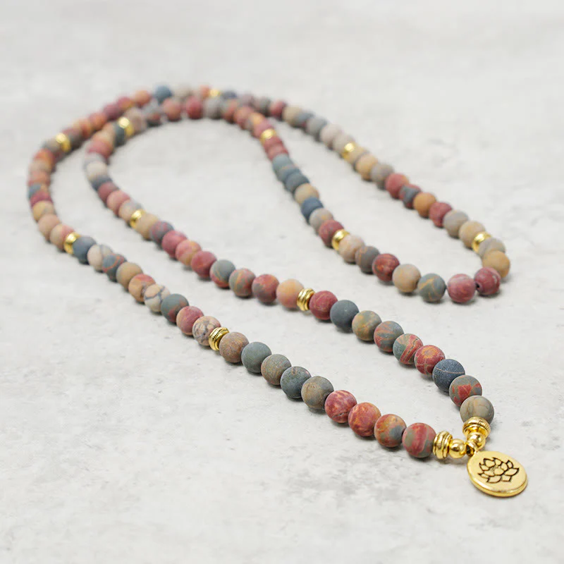 Buddha Stones 108 Mala Beads Picasso Jasper Stone Braccialetto energetico del coraggio - Image 4