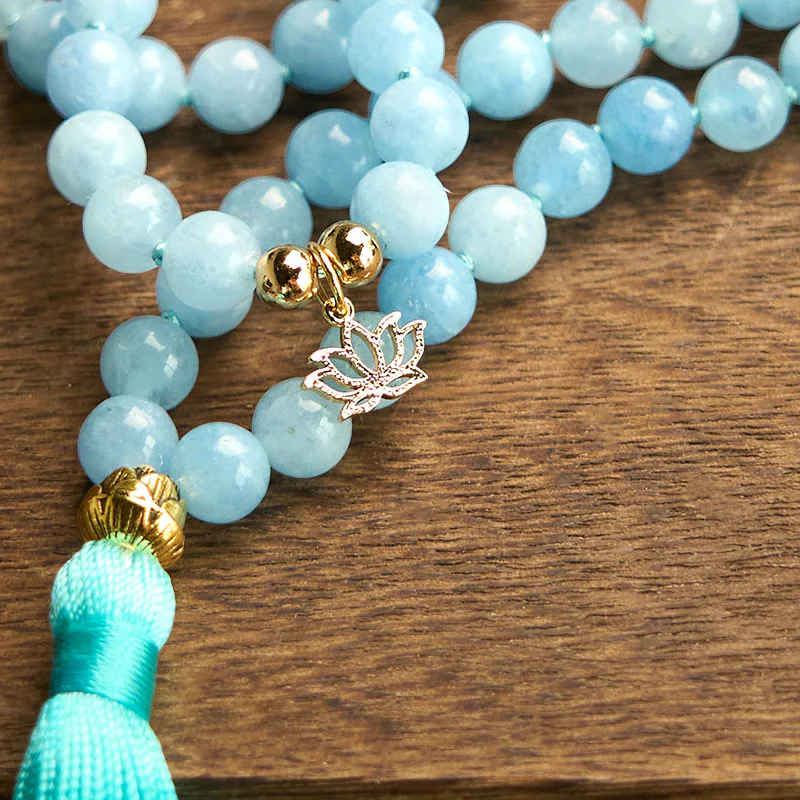 Buddha Stones 108 Mala Beads Pietra naturale Acquamarina Nappa Loto Bracciale curativo - Image 10