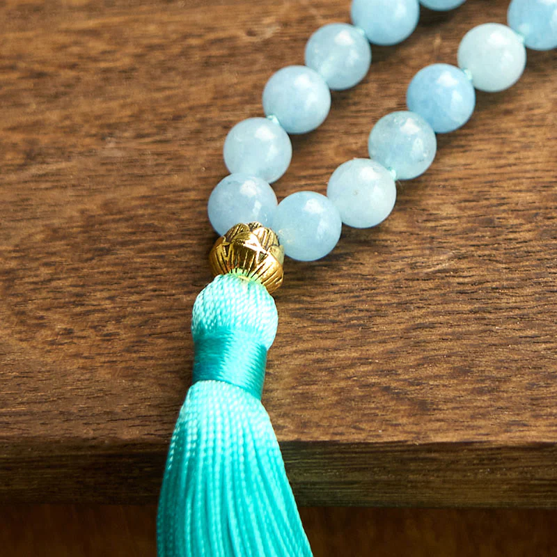 Buddha Stones 108 Mala Beads Pietra naturale Acquamarina Nappa Loto Bracciale curativo - Image 11