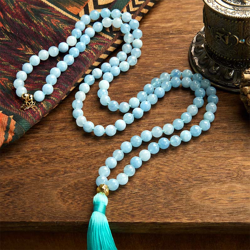 Buddha Stones 108 Mala Beads Pietra naturale Acquamarina Nappa Loto Bracciale curativo - Image 2