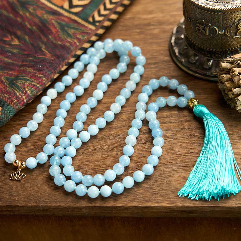 Buddha Stones 108 Mala Beads Pietra naturale Acquamarina Nappa Loto Bracciale curativo - Image 3