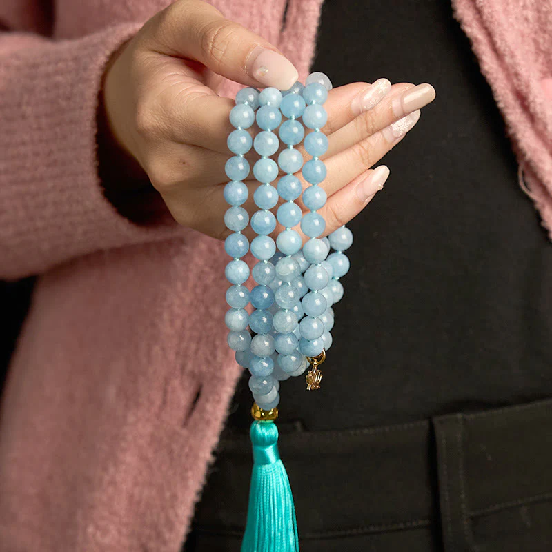 Buddha Stones 108 Mala Beads Pietra naturale Acquamarina Nappa Loto Bracciale curativo - Image 4
