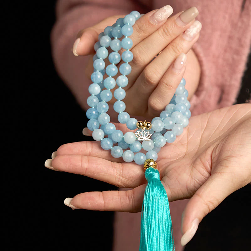 Buddha Stones 108 Mala Beads Pietra naturale Acquamarina Nappa Loto Bracciale curativo - Image 5