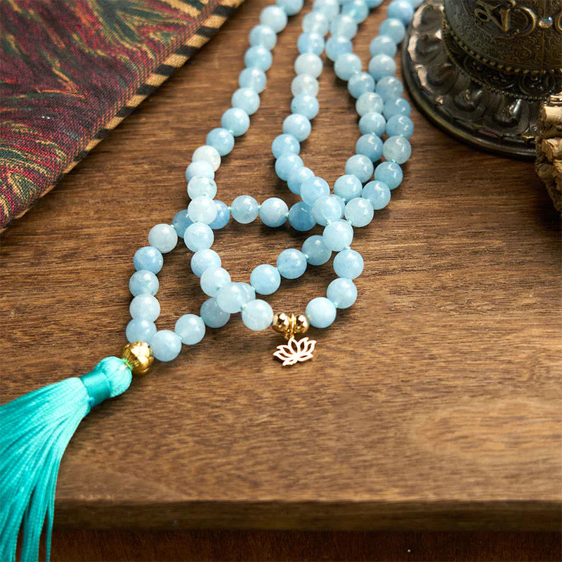 Buddha Stones 108 Mala Beads Pietra naturale Acquamarina Nappa Loto Bracciale curativo - Image 7