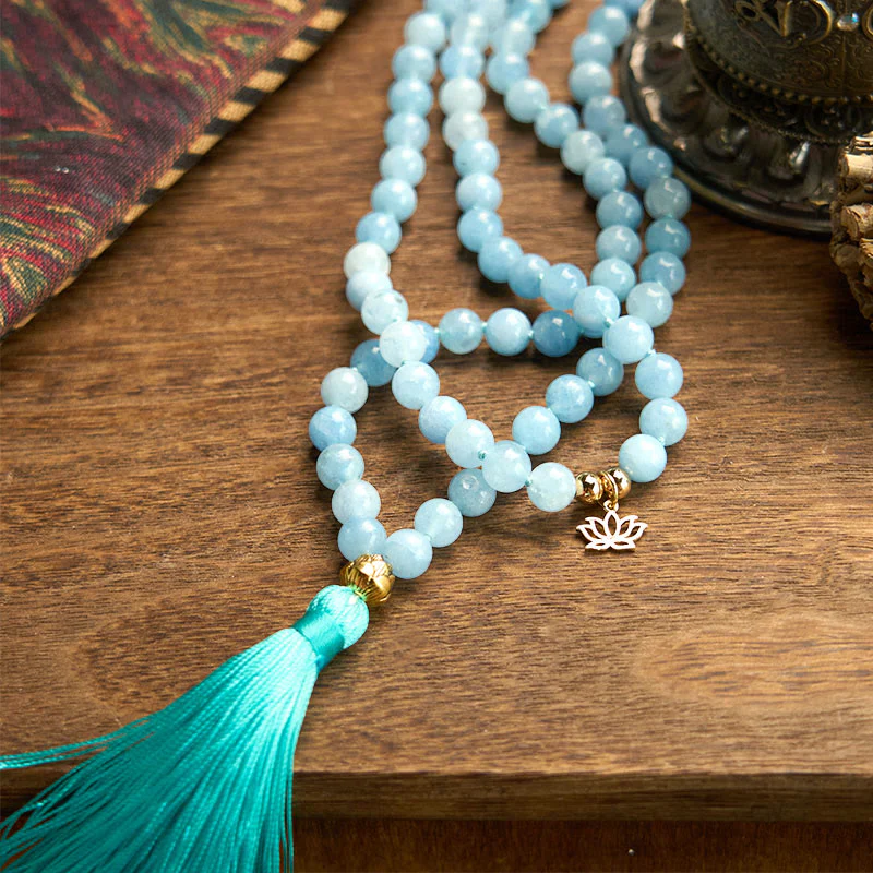 Buddha Stones 108 Mala Beads Pietra naturale Acquamarina Nappa Loto Bracciale curativo - Image 8