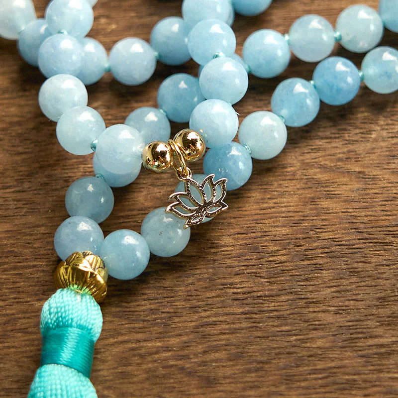 Buddha Stones 108 Mala Beads Pietra naturale Acquamarina Nappa Loto Bracciale curativo - Image 9