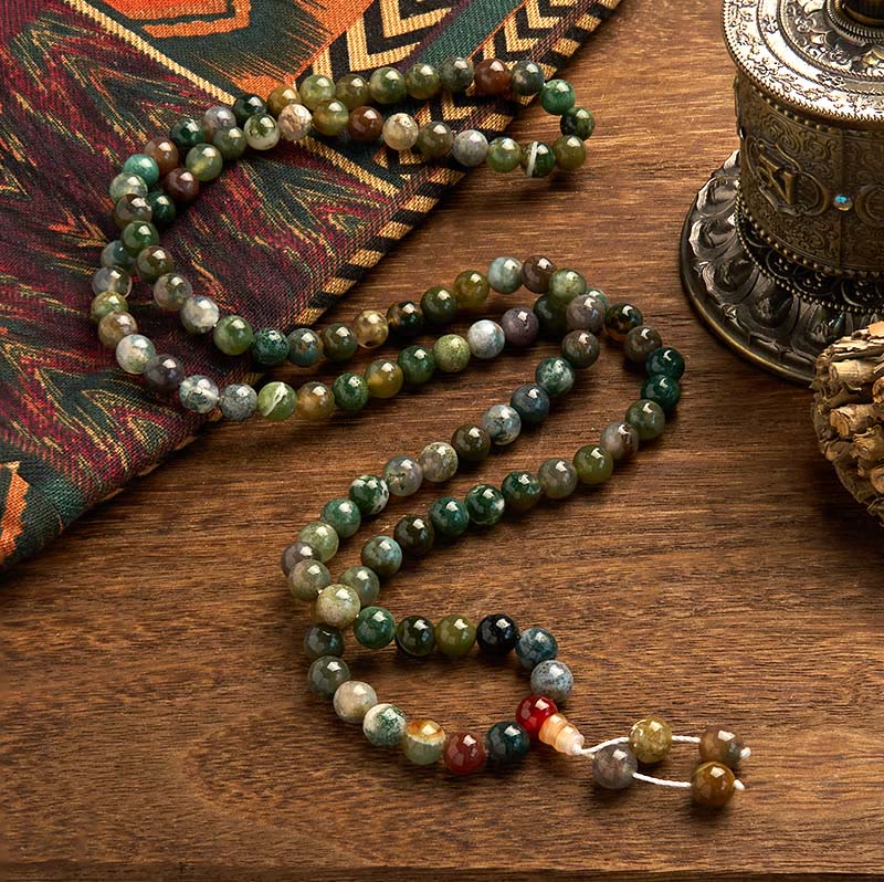 Buddha Stones 108 Mala Beads Pietra naturale Agata muschiata Bracciale multigiro di guarigione - Image 2