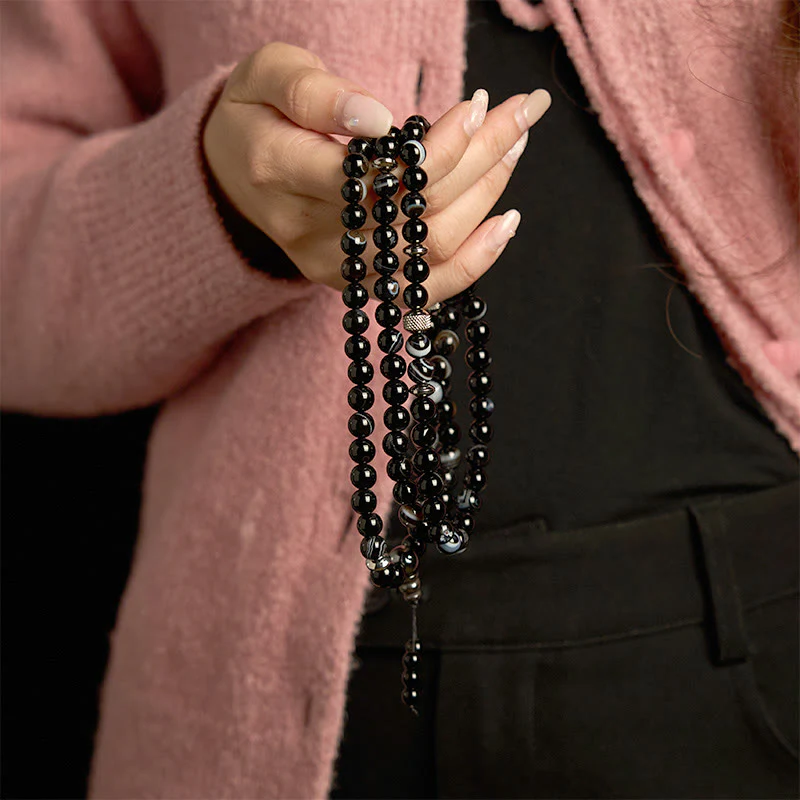 Buddha Stones 108 Mala Beads Pietra Naturale Braccialetto di Protezione in Onice Nero - Image 3