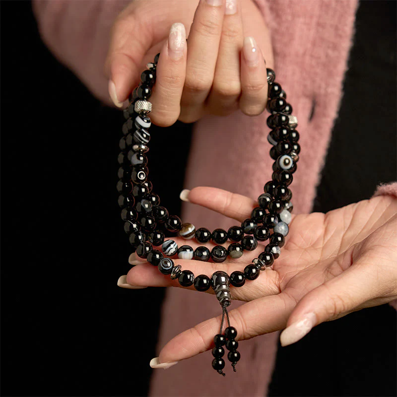 Buddha Stones 108 Mala Beads Pietra Naturale Braccialetto di Protezione in Onice Nero - Image 4