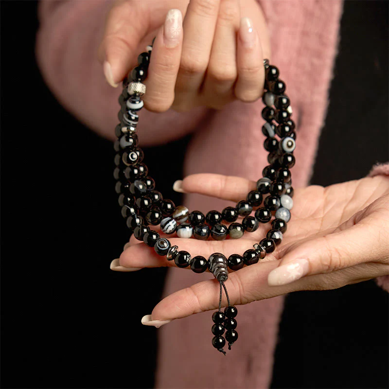Buddha Stones 108 Mala Beads Pietra Naturale Braccialetto di Protezione in Onice Nero - Image 5