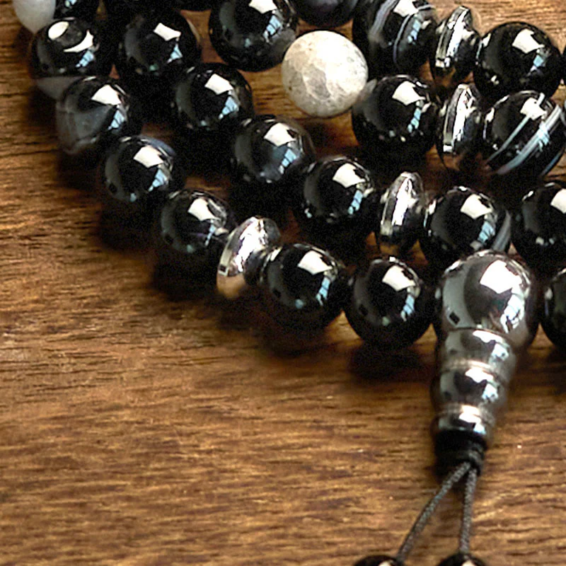 Buddha Stones 108 Mala Beads Pietra Naturale Braccialetto di Protezione in Onice Nero - Image 6