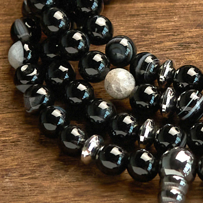 Buddha Stones 108 Mala Beads Pietra Naturale Braccialetto di Protezione in Onice Nero - Image 7