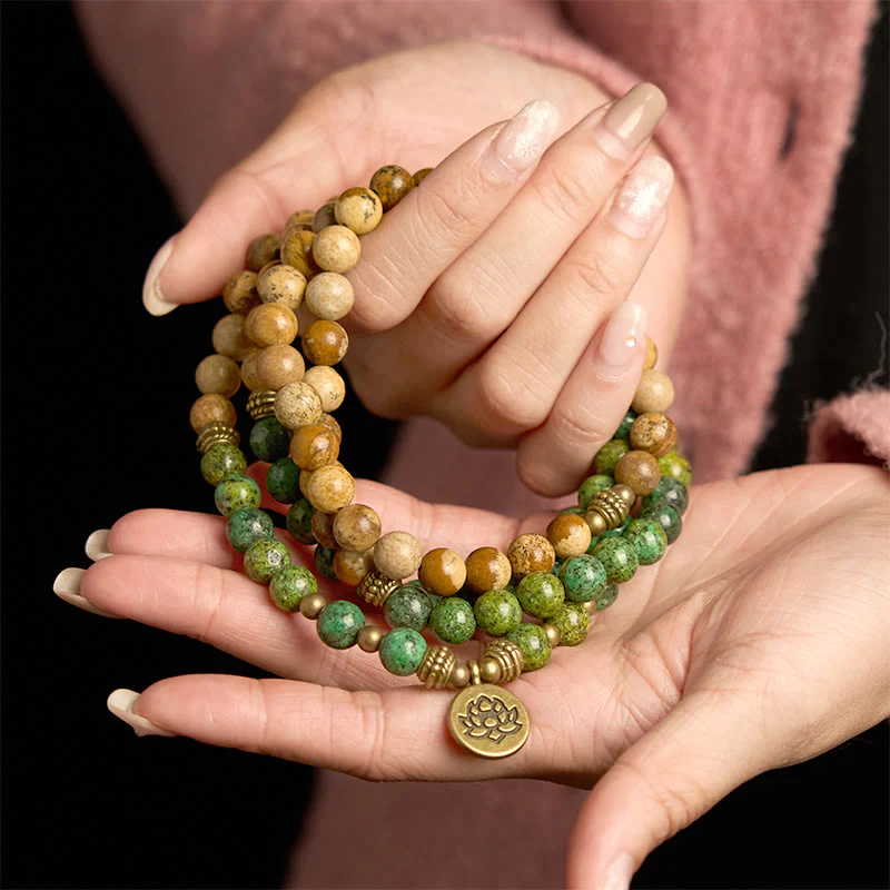 Buddha Stones 108 Mala Beads Pietra Naturale Jasper Turchese Lotus Braccialetto Positivo - Image 5