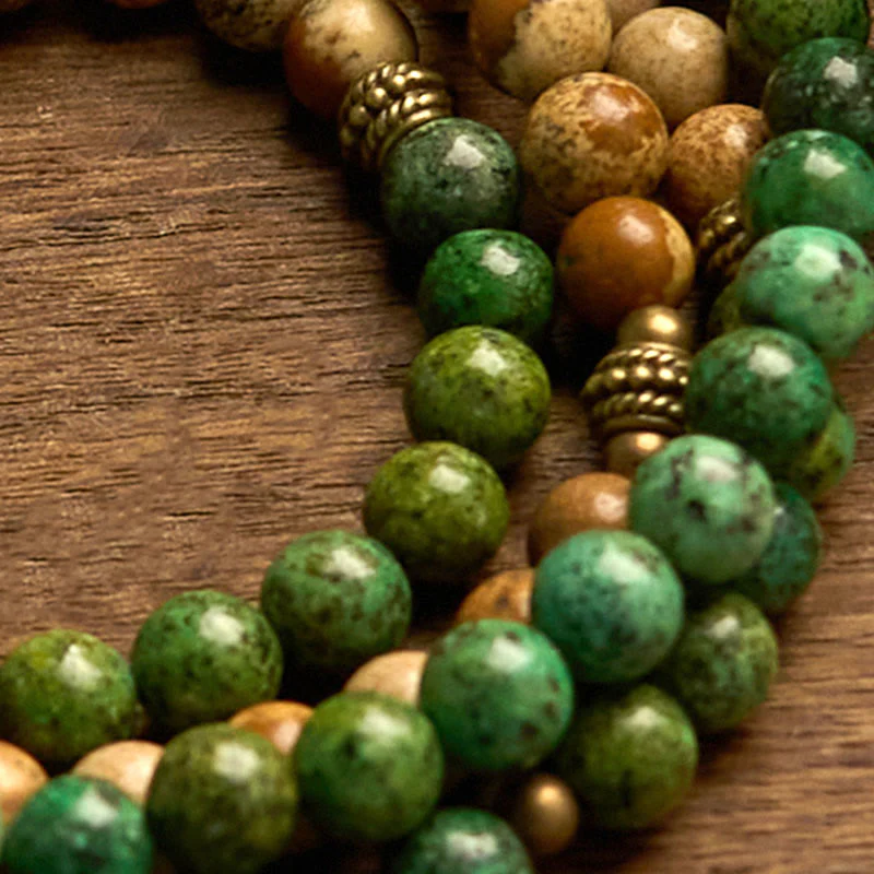 Buddha Stones 108 Mala Beads Pietra Naturale Jasper Turchese Lotus Braccialetto Positivo - Image 7