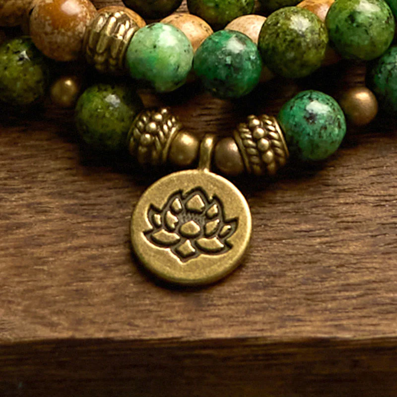 Buddha Stones 108 Mala Beads Pietra Naturale Jasper Turchese Lotus Braccialetto Positivo - Image 8