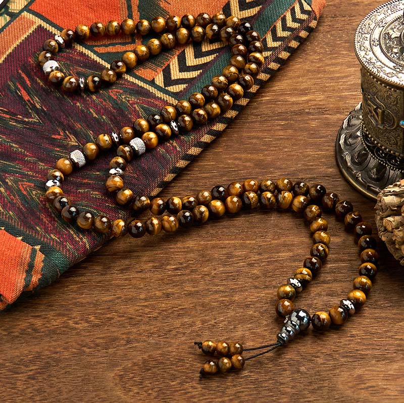 Buddha Stones 108 Mala Beads Pietra naturale Occhio di tigre Braccialetto di protezione multi-giro - Image 2