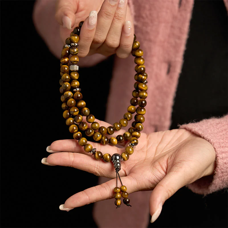 Buddha Stones 108 Mala Beads Pietra naturale Occhio di tigre Braccialetto di protezione multi-giro - Image 4