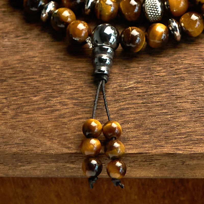 Buddha Stones 108 Mala Beads Pietra naturale Occhio di tigre Braccialetto di protezione multi-giro - Image 5
