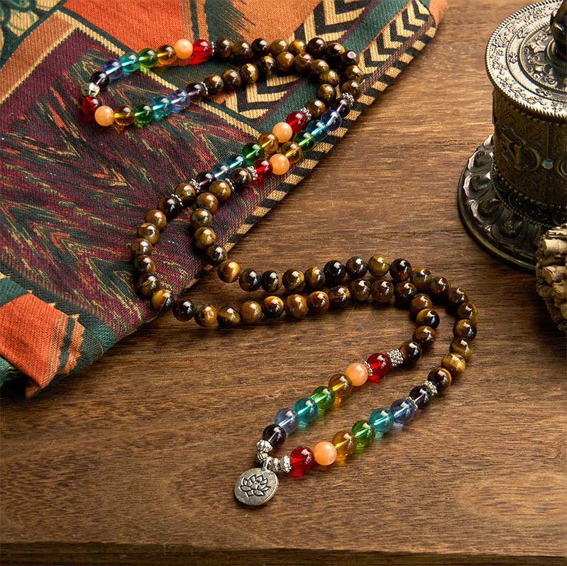 Buddha Stones 108 Mala Beads Pietra naturale Occhio di tigre Perle colorate Braccialetto di protezione del loto - Image 2