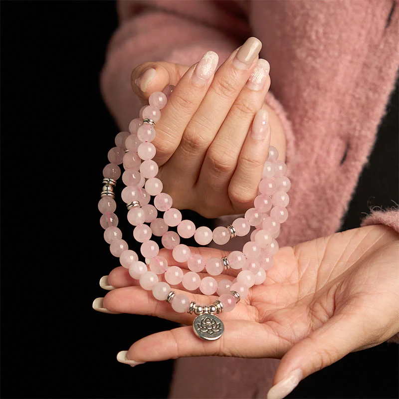 Buddha Stones 108 Mala Beads Pietra naturale Quarzo rosa Braccialetto di loto della pace - Image 4
