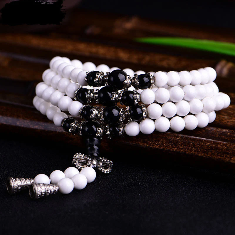 Buddha Stones 108 Mala Beads Porcellana bianca Sei parole vere 'Om Mani Padme Hum' Bracciale della pazienza