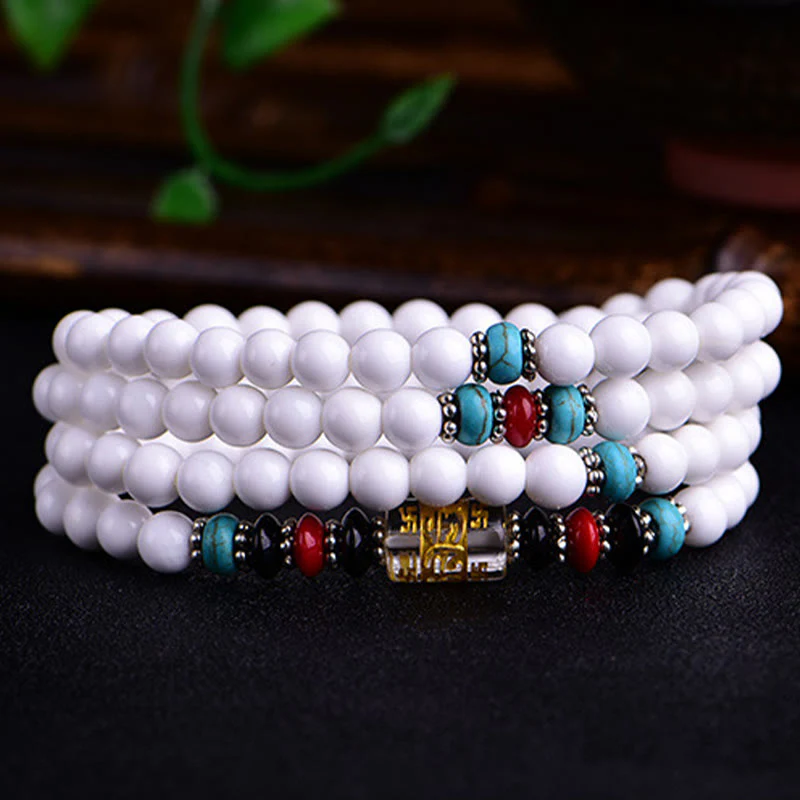 Buddha Stones 108 Mala Beads Porcellana bianca Sei parole vere 'Om Mani Padme Hum' Bracciale della pazienza - Image 5