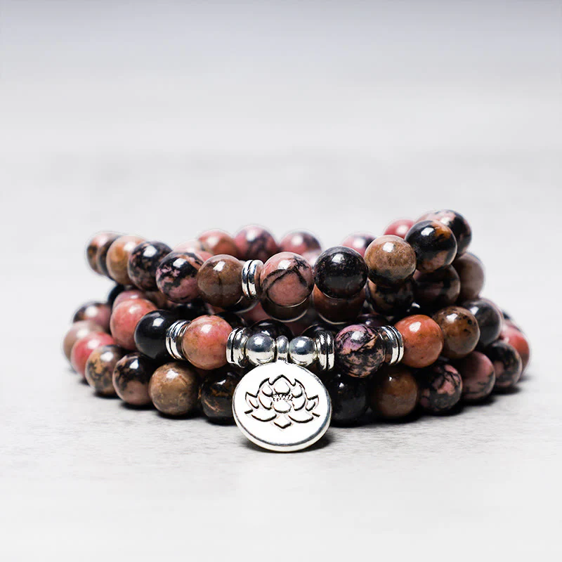 Buddha Stones 108 Mala Beads Rhodonite Lotus Compassion Energy Bracciale - Image 2