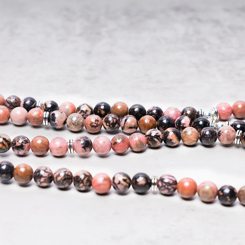 Buddha Stones 108 Mala Beads Rhodonite Lotus Compassion Energy Bracciale - Image 4