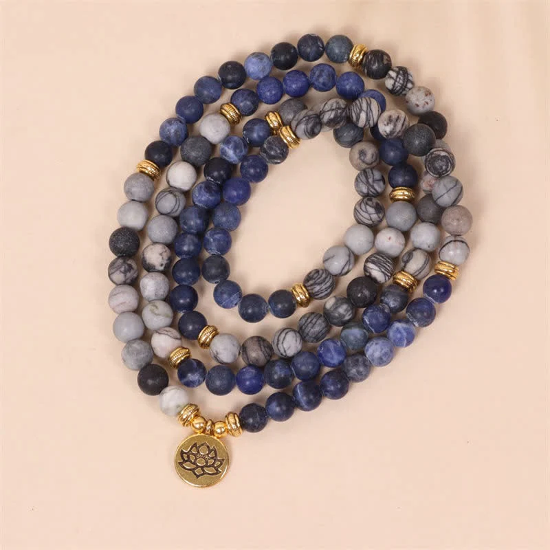 Buddha Stones 108 Mala Beads Sodalite Zebra Jasper Cristallo Lotus Strength Bracciale - Image 2