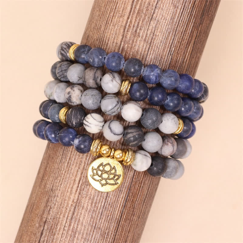 Buddha Stones 108 Mala Beads Sodalite Zebra Jasper Cristallo Lotus Strength Bracciale - Image 5