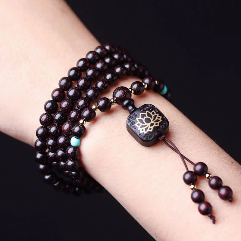 Buddha Stones 108 Mala Beads Tibetano Piccola Foglia Sandalo Rosso Braccialetto di Equilibrio di Loto - Image 3