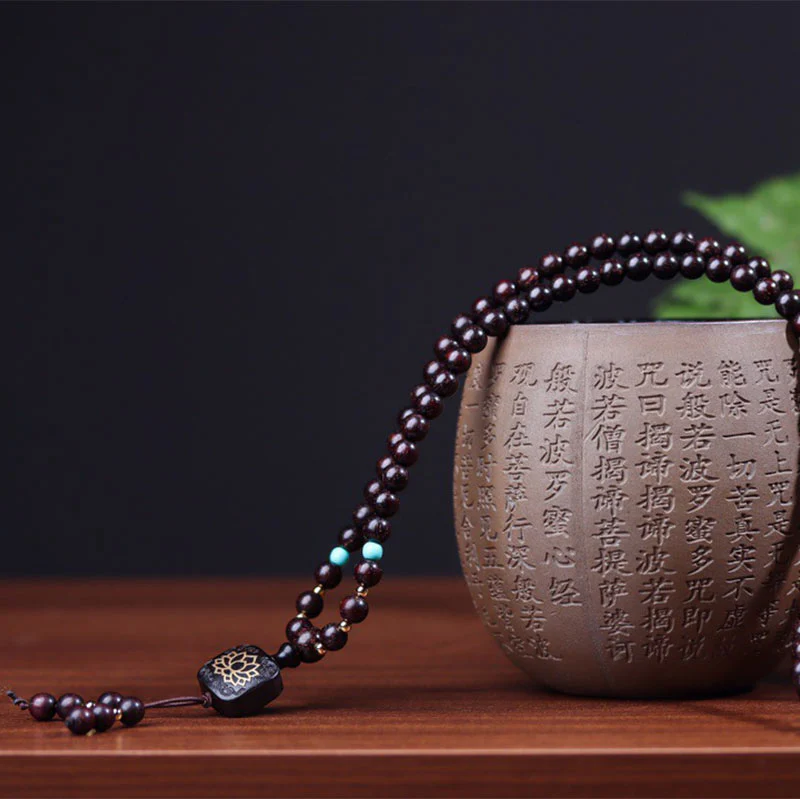 Buddha Stones 108 Mala Beads Tibetano Piccola Foglia Sandalo Rosso Braccialetto di Equilibrio di Loto - Image 6