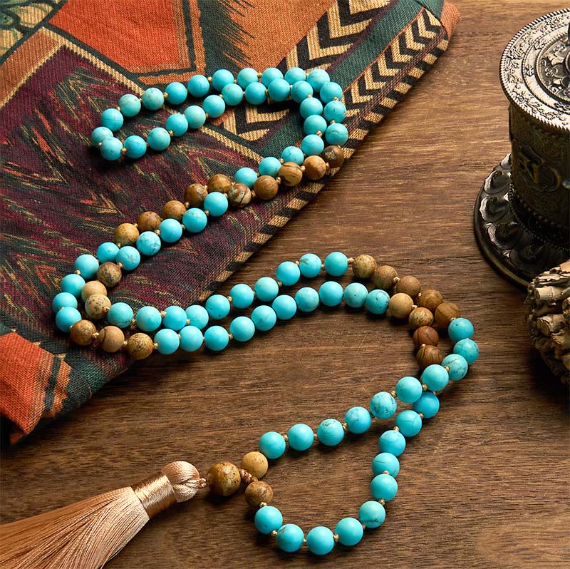 Buddha Stones 108 Mala Beads Turchese Picture Jasper Bead Tassel Braccialetto di equilibrio - Image 2