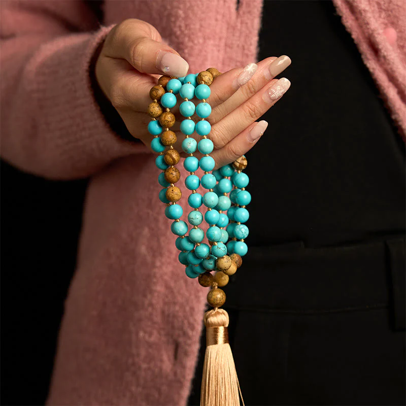 Buddha Stones 108 Mala Beads Turchese Picture Jasper Bead Tassel Braccialetto di equilibrio - Image 4
