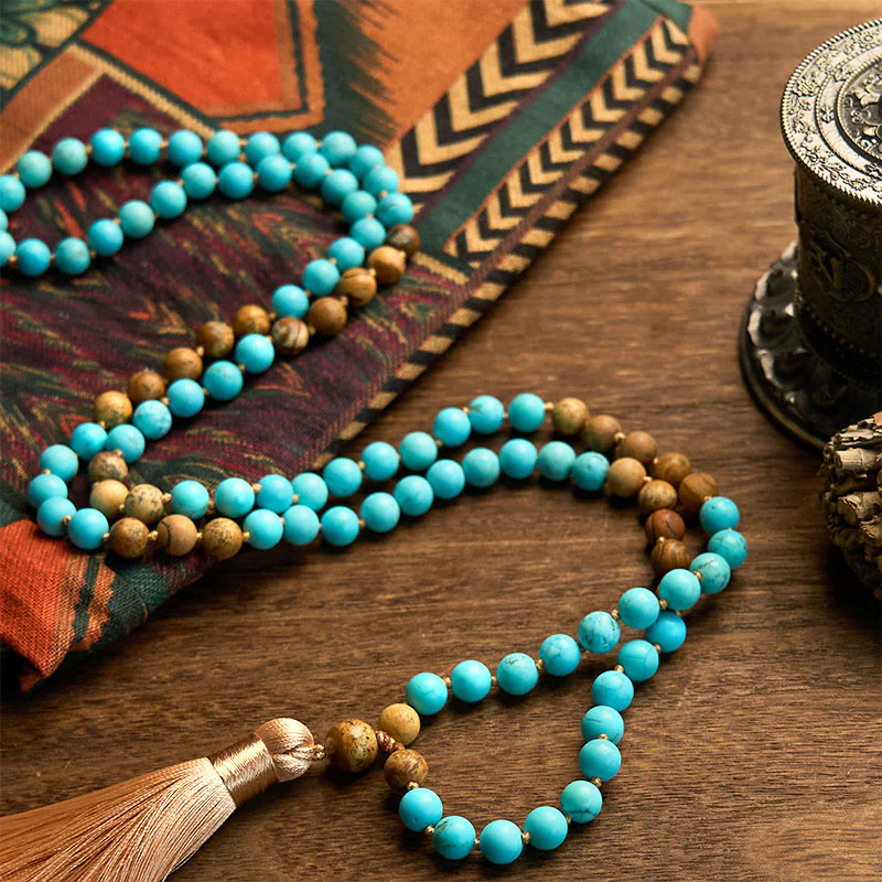 Buddha Stones 108 Mala Beads Turchese Picture Jasper Bead Tassel Braccialetto di equilibrio - Image 5