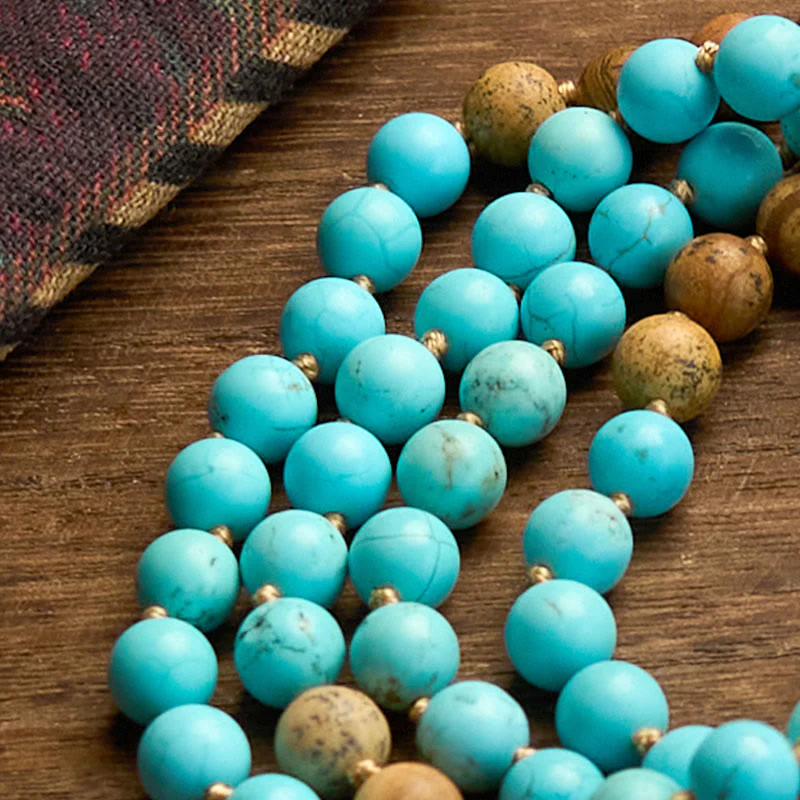 Buddha Stones 108 Mala Beads Turchese Picture Jasper Bead Tassel Braccialetto di equilibrio - Image 6