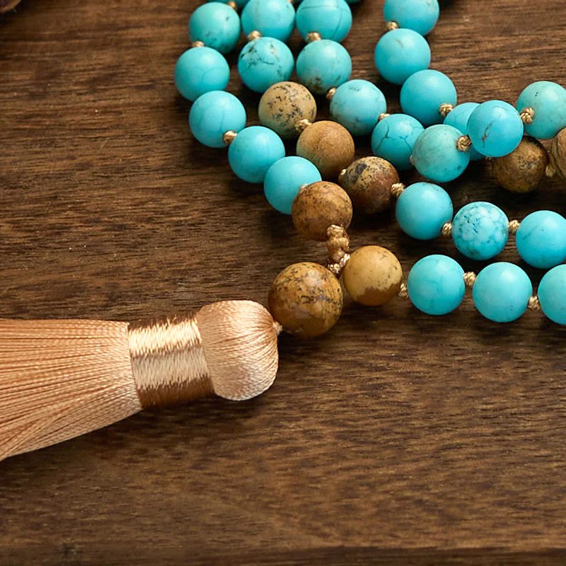 Buddha Stones 108 Mala Beads Turchese Picture Jasper Bead Tassel Braccialetto di equilibrio - Image 7
