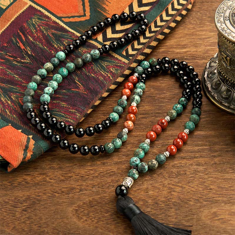 Buddha Stones 108 Mala Onice nero naturale Diaspro rosso Perline turchesi Braccialetto di protezione con nappa a testa di Buddha - Image 2