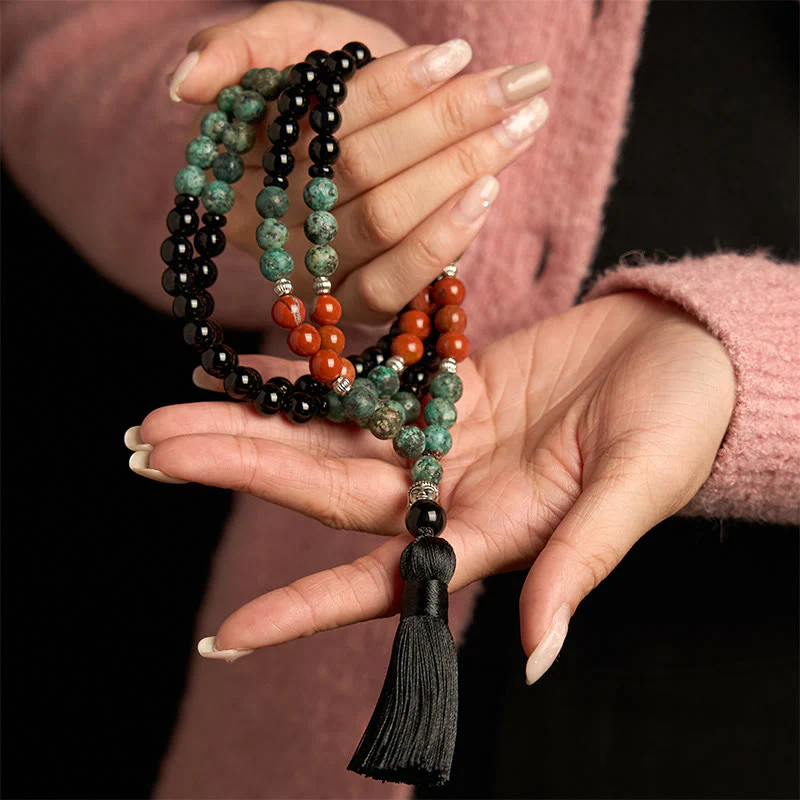 Buddha Stones 108 Mala Onice nero naturale Diaspro rosso Perline turchesi Braccialetto di protezione con nappa a testa di Buddha - Image 3