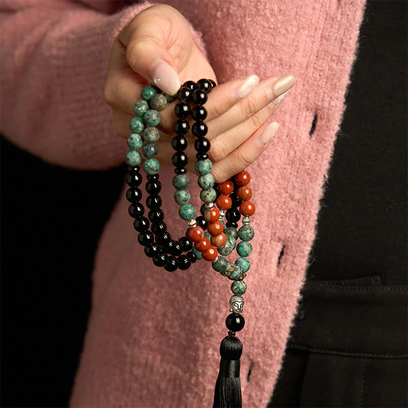 Buddha Stones 108 Mala Onice nero naturale Diaspro rosso Perline turchesi Braccialetto di protezione con nappa a testa di Buddha - Image 5