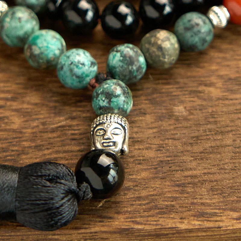 Buddha Stones 108 Mala Onice nero naturale Diaspro rosso Perline turchesi Braccialetto di protezione con nappa a testa di Buddha - Image 7