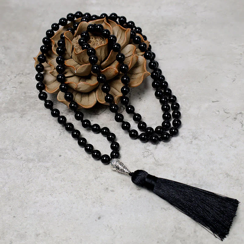 Buddha Stones 108 Mala Perle di Onice Nero Yoga Meditazione Preghiera Collana - Image 3