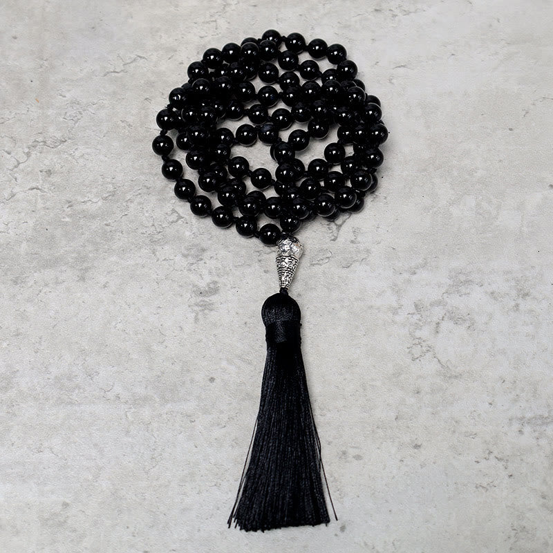 Buddha Stones 108 Mala Perle di Onice Nero Yoga Meditazione Preghiera Collana - Image 5