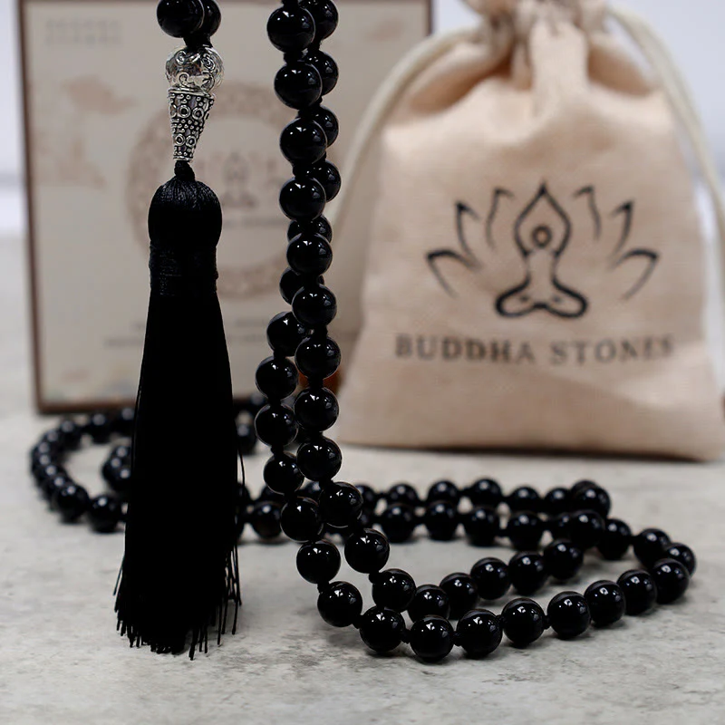 Buddha Stones 108 Mala Perle di Onice Nero Yoga Meditazione Preghiera Collana - Image 6