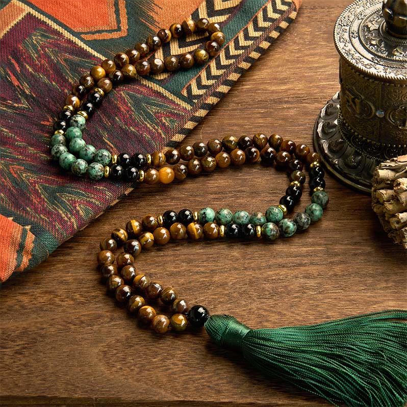Buddha Stones 108 Mala Pietra Naturale Occhio di Tigre Perline Turchesi Nappa Braccialetto di Protezione - Image 2