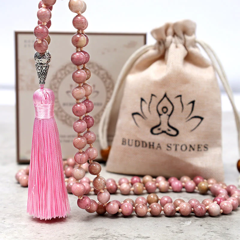 Buddha Stones 108 Mala Rhodonite Beads Yoga Meditazione Preghiera Bracciale - Image 6