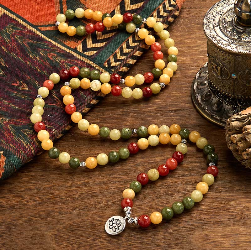 Buddha Stones 108 Mala Beads Pietra colorata naturale Topazio Diaspro rosso Diaspro verde Braccialetto di protezione del loto - Image 2