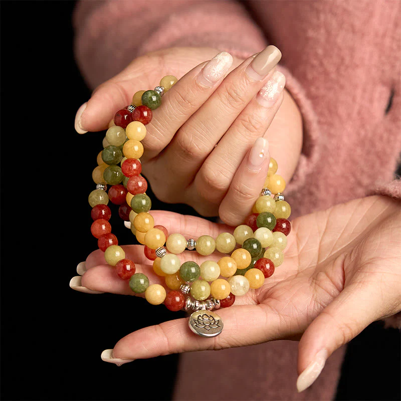 Buddha Stones 108 Mala Beads Pietra colorata naturale Topazio Diaspro rosso Diaspro verde Braccialetto di protezione del loto - Image 5