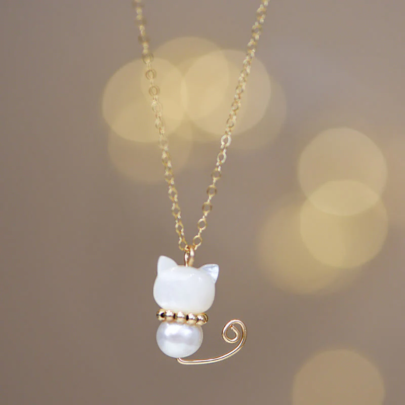 Buddha Stones 14K placcato oro perla Hetian giada conchiglia fortuna gatto gattino collana pendente - Image 2