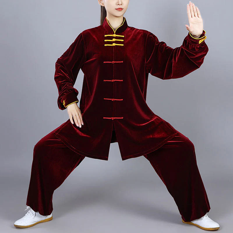 Buddha Stones 2 pezzi autunno inverno Tai Chi Qigong pratica unisex rana-bottoni meditazione velluto abbigliamento set - Image 3